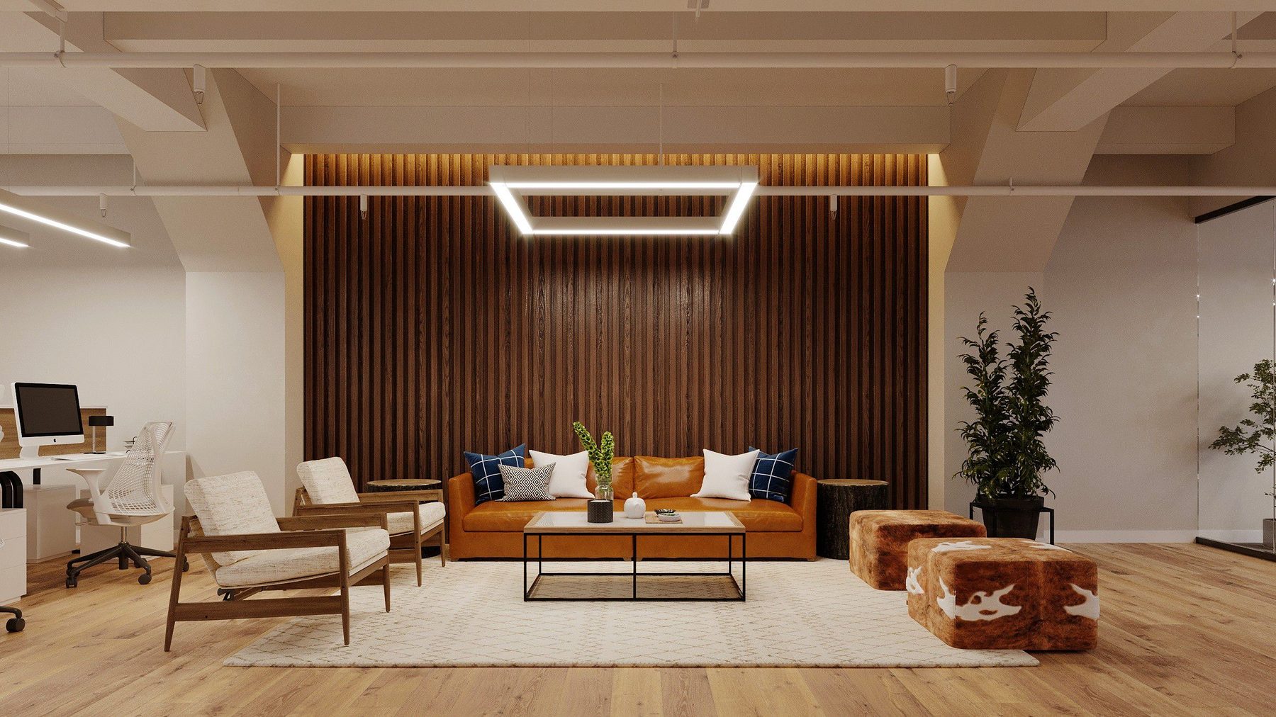 Rendering of a lounge with a walnut slat wall and leather sofa