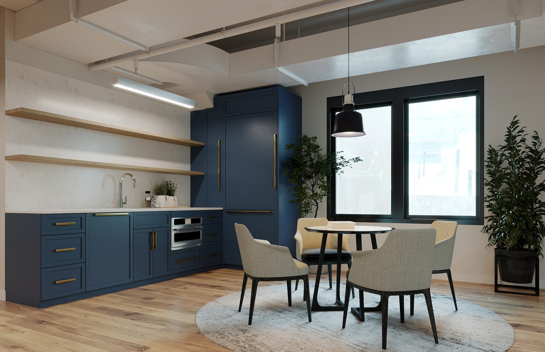 Rendering of a pantry with navy cabinetry, brass pulls and oak shelving