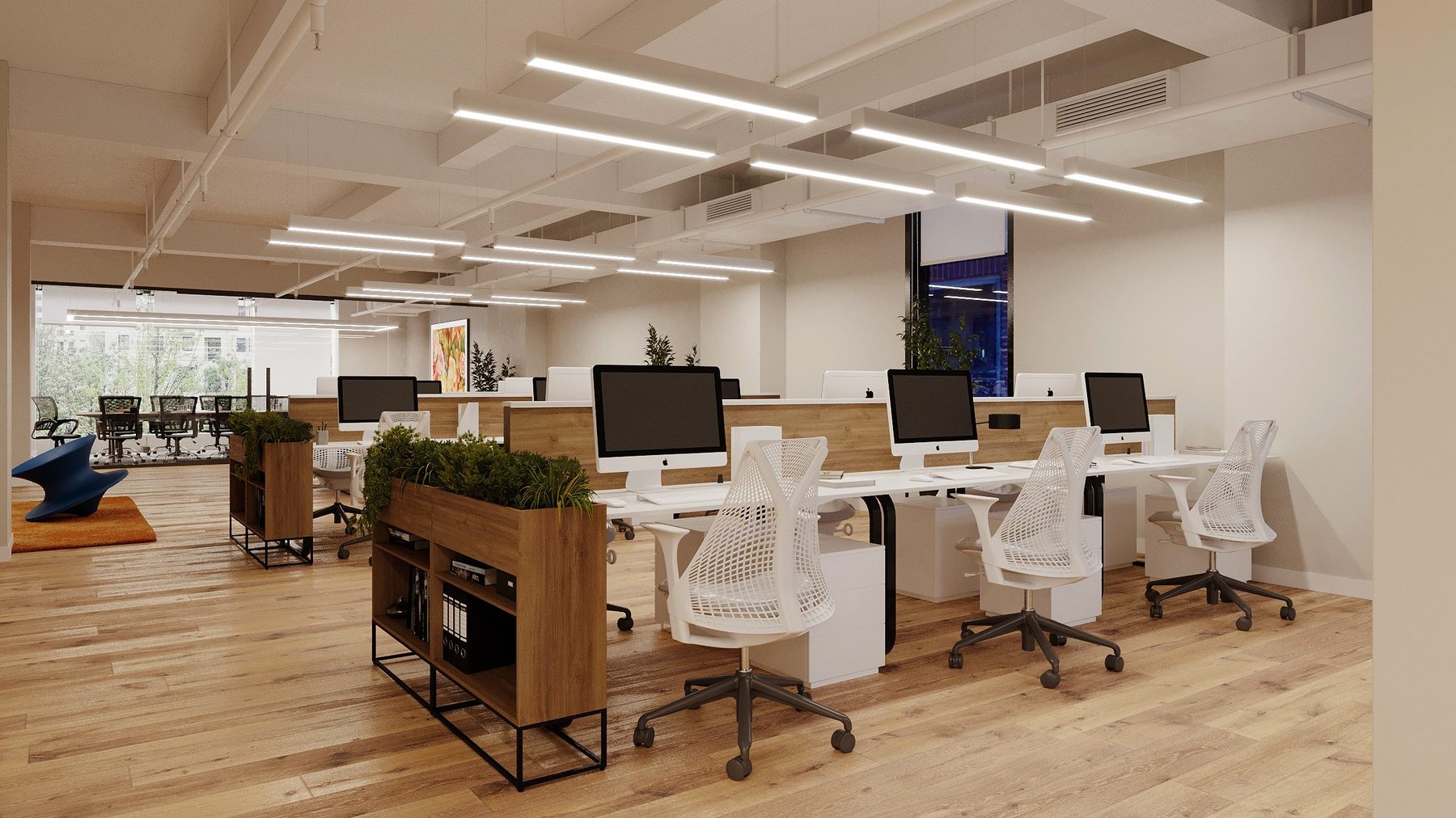 Rendering of open workstations with planted dividers and linear pendant lighting